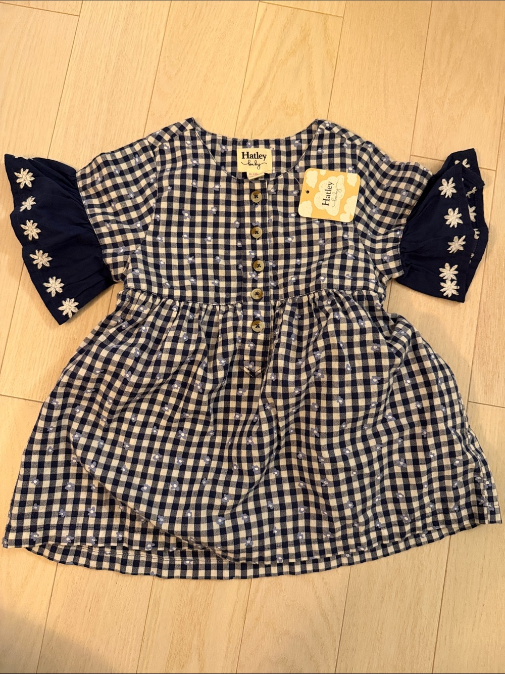 Hatley Navy Gingham Dress with Embroidered Sleeve Detail